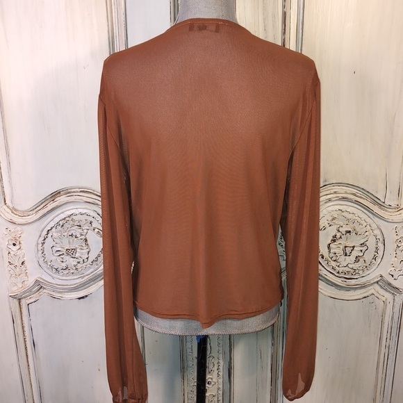 Talent Sexy Sheer Netting Long Sleeve Deep V Neck Empire Styling Camisole Top - Picture 9 of 13